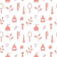 Seamless texture from cosmetics icons and floral elements, pattern, abstract background, wallpaper vector