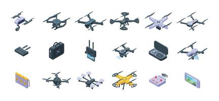 Aerial videography icons set isometric vector. Drone camera vector