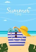 Colorful women's summer bag with beach accessories. Summer design elements. Flat vector illustration for poster, banner, flyer