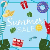 Summer sale web banner design. Summer sale discount text with beach elements like swimsuit, beach ball and flip flops for summer seasonal promotion for banners, wallpaper vector