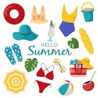 set of cute summer elements surfboard, cocktail, bag, hat, palm tree, bikini, flip-flops vector