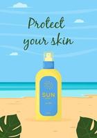 Skin care product. Sun safety, UV protection spray. Tube of sunscreen product with SPF. Summer cosmetic. vector