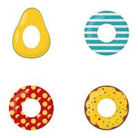 Collection of rubber swimming rings with cake, avocado, pineapple, watermelon and other ornaments painting on it. Life saving floating lifebuoy for beach. Symbols of vacation or holiday. vector