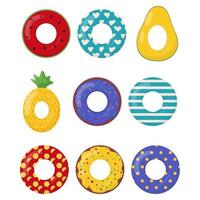 Collection of rubber swimming rings with cake, avocado, pineapple, watermelon and other ornaments painting on it. Life saving floating lifebuoy for beach. Symbols of vacation or holiday. vector