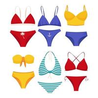 Collection of women's swimwear. Set of fashionable swimsuits or bikini tops and bottoms. Women's swimsuits for summer vacation. vector