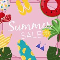 diseño de banner web de venta de verano. texto de descuento de venta de verano con elementos de playa como traje de baño, pelota de playa y chanclas para promoción de temporada de verano para pancartas vector