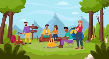 los amigos se relajan en la naturaleza. camping de verano, senderismo, camper, concepto de tiempo de aventura. ilustración de vector plano para cartel, pancarta, volante