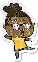 distressed sticker of a cartoon happy woman wearing spectacles vector