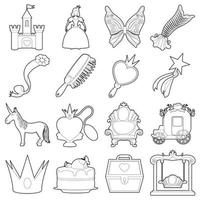 Princess accessories icons set, outline style vector