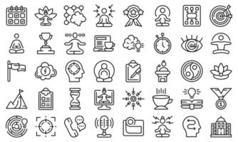 Concentration icons set outline vector. Yoga meditate vector