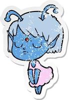 distressed sticker of a cartoon alien girl vector