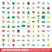 100 biosphere icons set, cartoon style vector