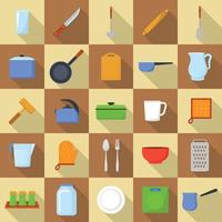 Kitchenware tools cook icons set, flat style vector