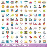 100 adult games icons set, cartoon style vector