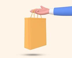 Hand holding a brown paper bag. Shopping bag in hand, 3d icon. Hand with paper shopping bag. 3D Rendered illustration photo