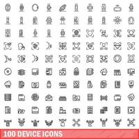 100 device icons set, outline style vector