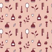 Seamless texture from cosmetics icons and floral elements, pattern, abstract background, wallpaper vector