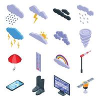 Cloudy weather icons set, isometric style vector