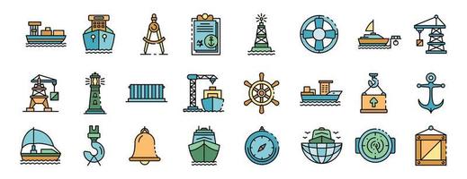 conjunto de iconos de puerto marítimo vector plano