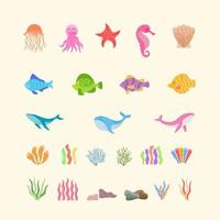 marine life illustration pack of marine animals, fish, plants and krawang reefs vector