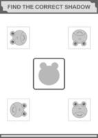 Find the correct shadow Frog face. Worksheet for kids vector