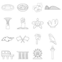 esquema de conjunto de iconos de viaje de singapur vector