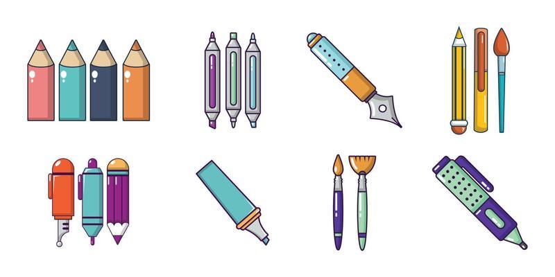 Pens icon set, cartoon style