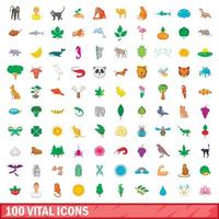 100 iconos vitales, estilo de dibujos animados vector