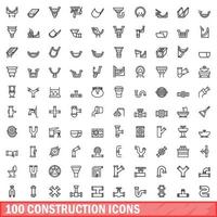 100 construction icons set, outline style vector