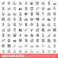 100 iconos de granja, estilo de esquema vector