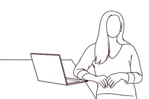 mujer de negocios de pie dibujada a mano con ilustración de laptop vector