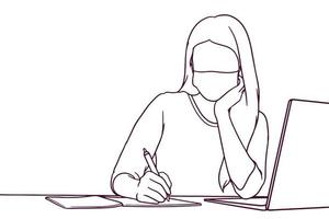 niña dibujada a mano estudiando con una computadora portátil mientras usa una ilustración de máscara facial vector