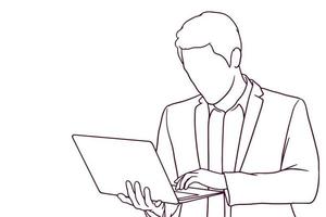 hand drawn businessman working on the laptop illustration vector