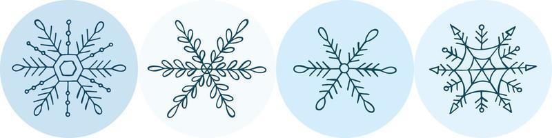 un conjunto de copos de nieve dibujados a mano. ilustración vectorial en estilo garabato. estado de ánimo de invierno. hola 2023. feliz navidad y próspero año nuevo. elementos azules sobre un fondo azul claro. vector