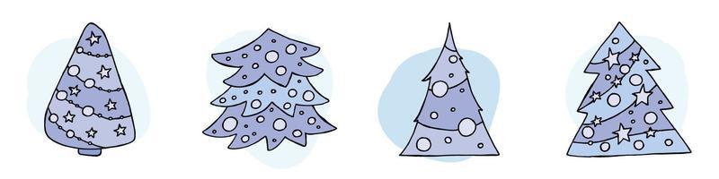 A hand-drawn christmas tree. Vector illustration in doodle style. Winter mood. Hello 2023. Merry Christmas and Happy New Year. Blue trees with a toys on a white background.