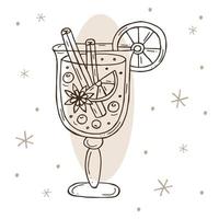 Mulled wine with cinnamon, orange and star anise with a snowflakes on a white and brown background. Vector illustration in doodle style. Winter mood. Hello 2023. Merry Christmas and Happy New Year.