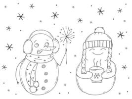 Set of cute snowmen on a white background. Vector illustration in doodle style. Winter mood. Hello 2023. Merry Christmas and Happy New Year.