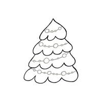 A hand-drawn christmas tree. Vector illustration in doodle style. Winter mood. Hello 2023. Merry Christmas and Happy New Year. Black and gray element on a white background.