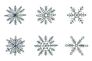 un conjunto de copos de nieve dibujados a mano. ilustración vectorial en estilo garabato. estado de ánimo de invierno. hola 2023. feliz navidad y próspero año nuevo. elementos azul oscuro sobre un fondo blanco. vector