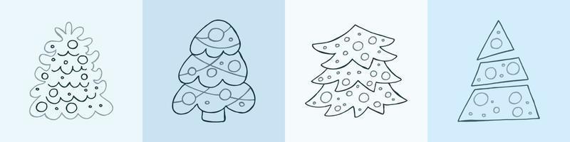 A set of hand-drawn christmas trees. Vector illustration in doodle style. Winter mood. Hello 2023. Merry Christmas and Happy New Year. Gray elements on a blue background.