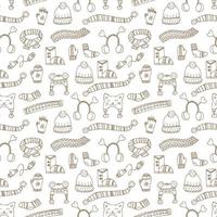 Hand-drawn winter clothing. Seamless pattern. Endless ornament. Vector illustration in doodle style. Winter mood. Hello 2023. Merry Christmas and Happy New Year. Brown elements on a white background.