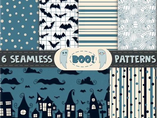 6 seamless patterns. Halloween - October 31. Hand-drawn doodle illustration. Trick or treat. Happy Halloween 2022.