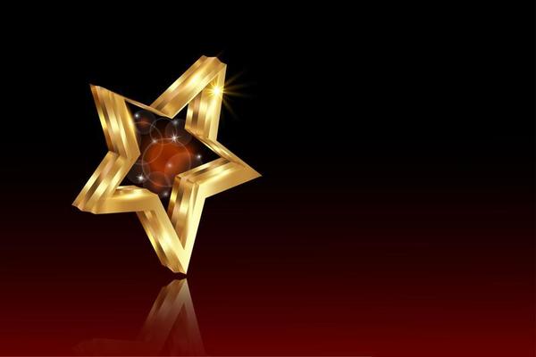 Golden star prize concept, 3D gold logo icon with light effect, vector illustration isolated on black and red background
