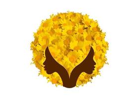 logo round design African american woman face portrait with flowers curly afro hair. Women profile hairstyle silhouette of yellow daisies turban on the white background. Vector illustration isolated