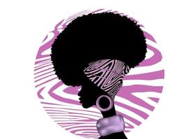 retrato mujer africana usa pañuelo para peinados rizados. shenbolen ankara headwrap mujeres. Turbante de bufanda de cabeza tradicional afro en textura de diseño de tela de cebra rosa tribal. vector aislado en blanco