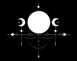 Triple Moon, Sacred Geometry, mystical arrows and crescent moon, dotted lines in boho style, wiccan icon, alchemy esoteric mystical magic sign. Spiritual occultism vector isolated on black background