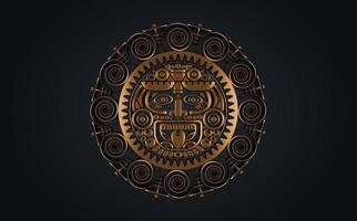 Sacred Mayan sun god, Aztec wheel calendar, Maya symbols ethnic mask in gold color. Golden round frame border old logo icon vector illustration isolated on black background