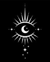 Sacred eye, magic crescent moon in boho style, white vector tattoo isolated on black background. Bohemian logo icon, geometric design alchemy element