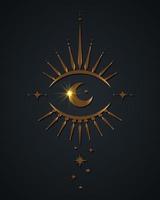 Gold Sacred eye, magic crescent moon in boho style, golden luxury vector  isolated on black background. Bohemian logo icon, geometric design alchemy element