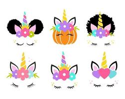 Cute unicorn face head horn birthday afro pumpkin sticker vector illustration set